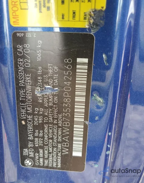 2008 BMW 335 I из США, поврежденный, VIN WBAWB73538P042568